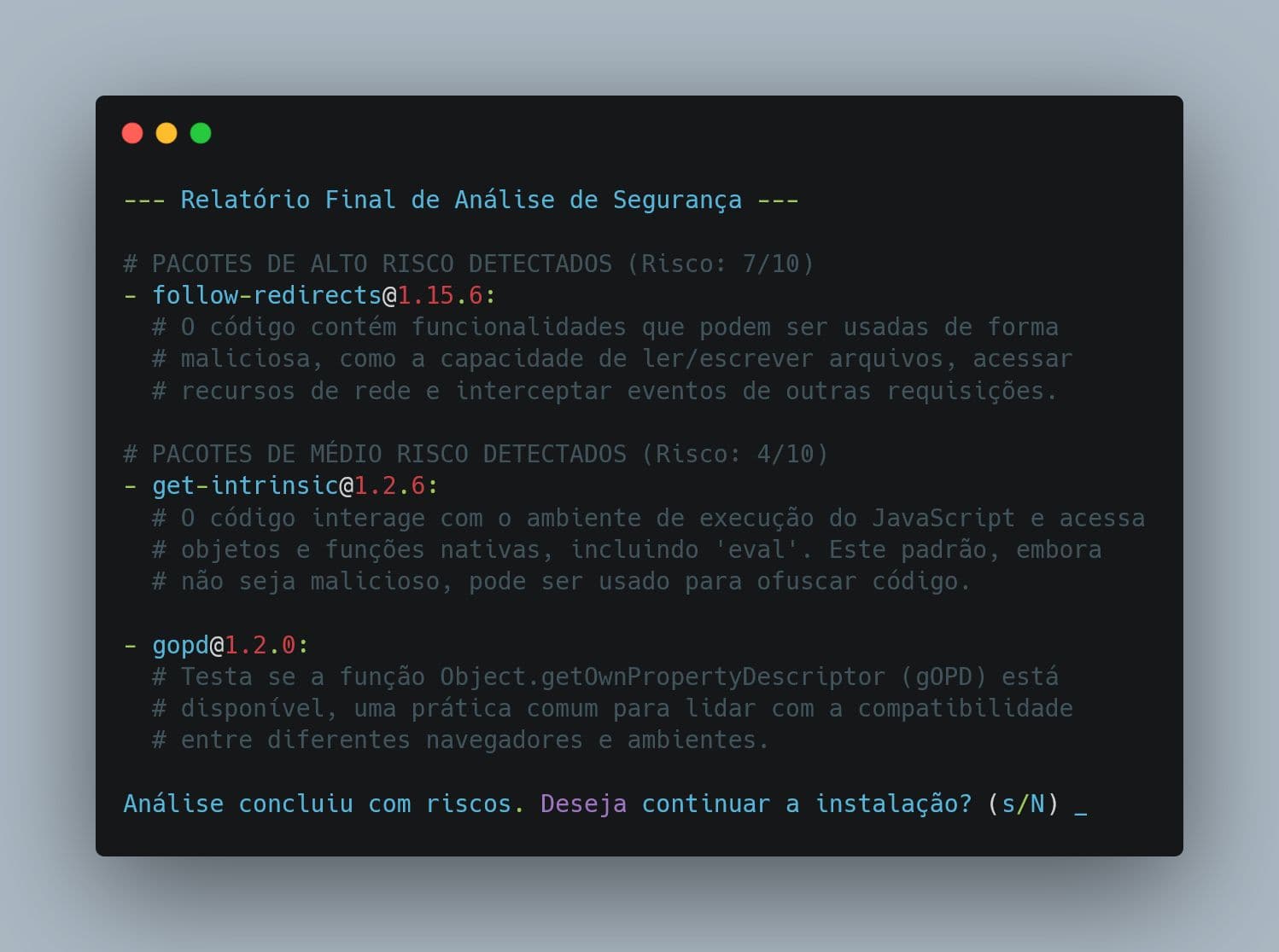 Resultado da análise do sec-npm mostrando a detecção de risco
